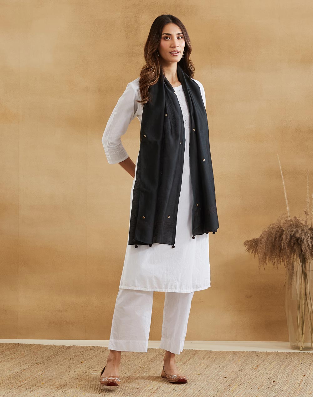 Black Cotton Silk Chikankari Stole