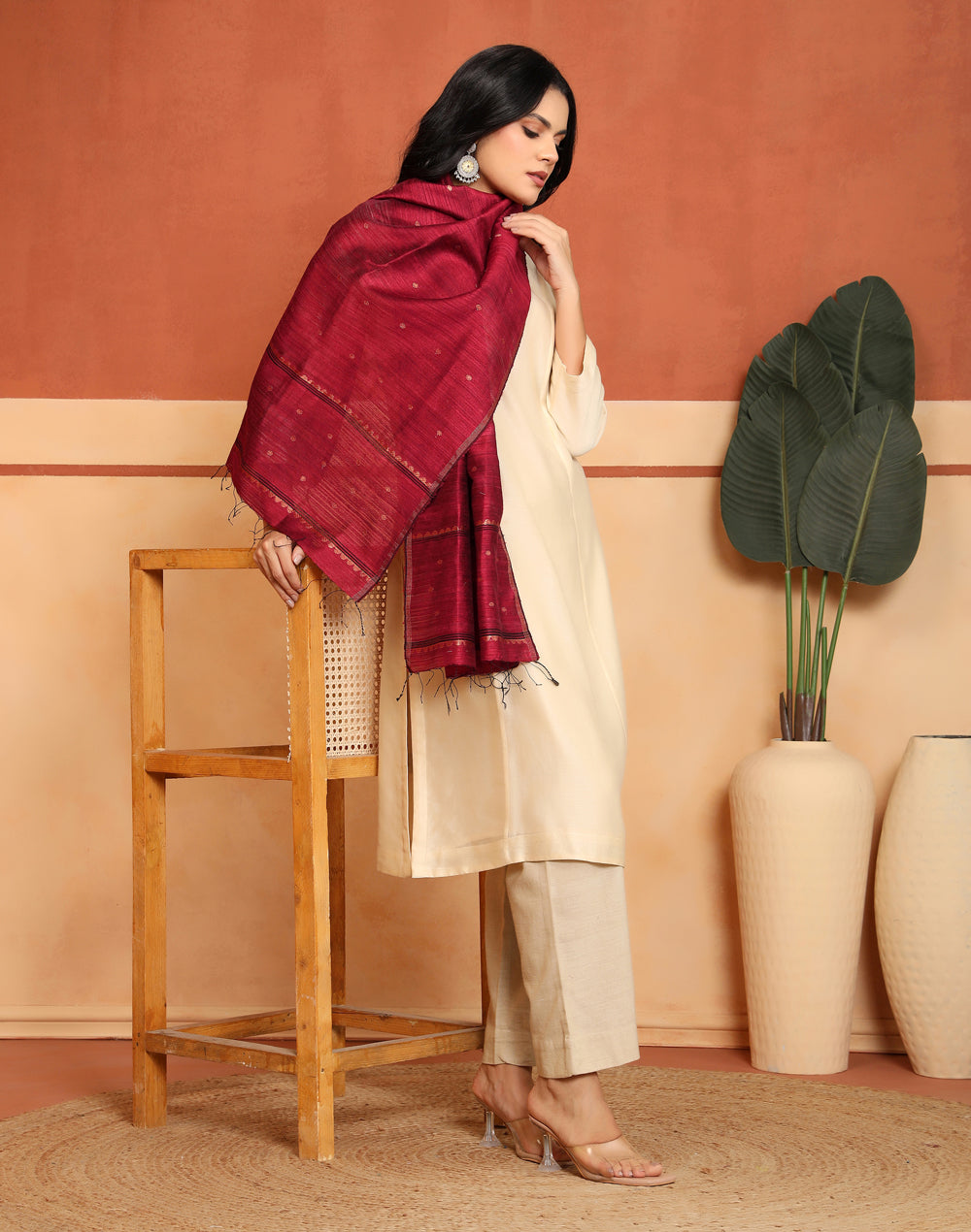 Maroon Silk Blend Hand Woven Stole