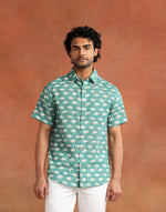 Teal Cotton Hand Block Printed Slim Fit Shirt