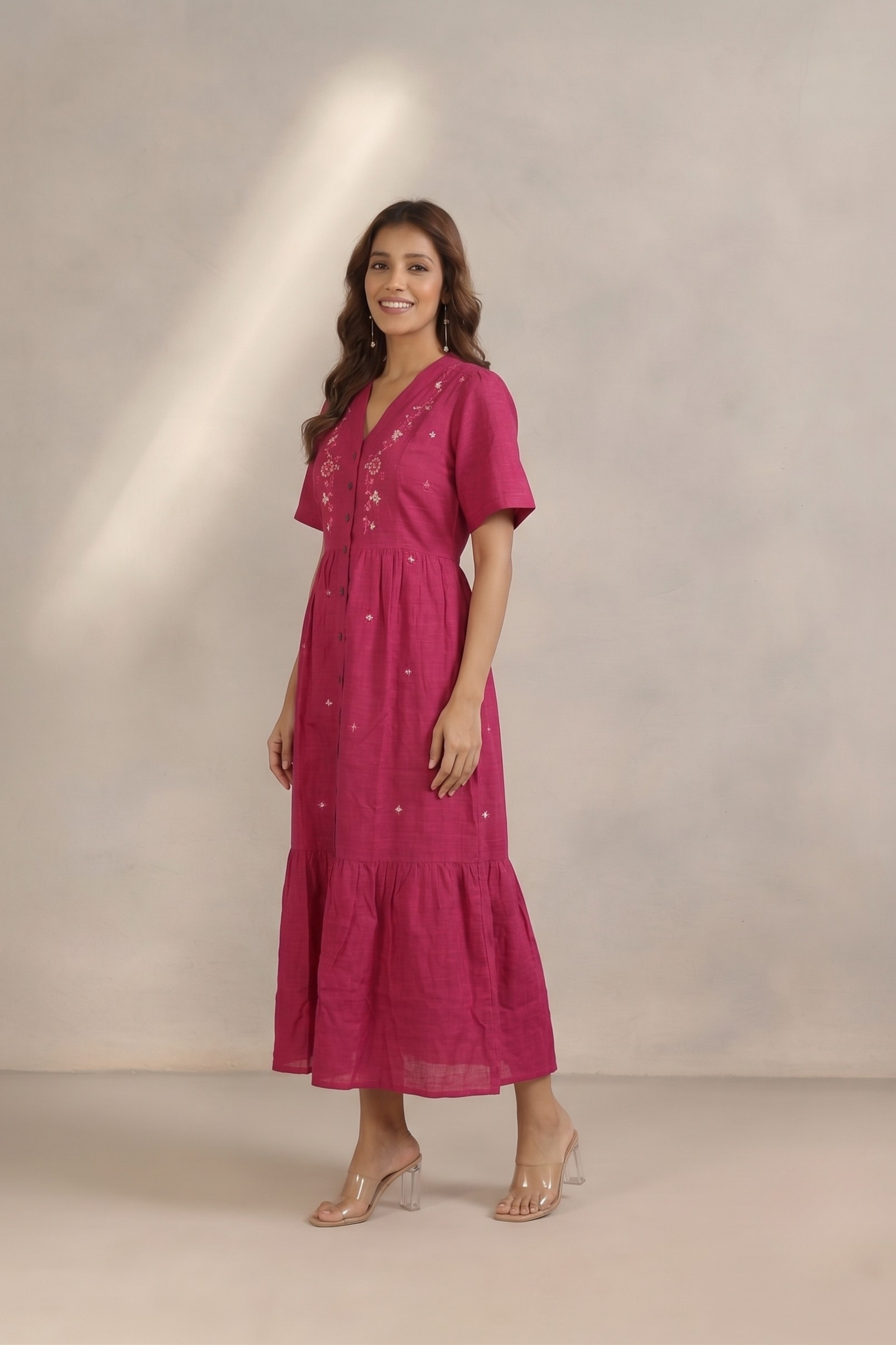 Pink Cotton Silk Embroidered Maxi