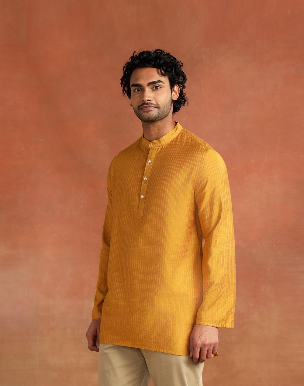Mustard Viscose Silk Blend Stripe Short Kurta