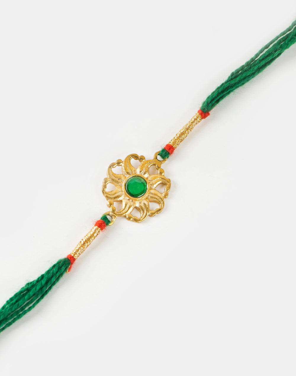 Green Metal Gold Tone Traditional Floral Design With Green Stone Rakhi