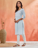 Light Blue Cotton Chikankari Knee Length Kurta