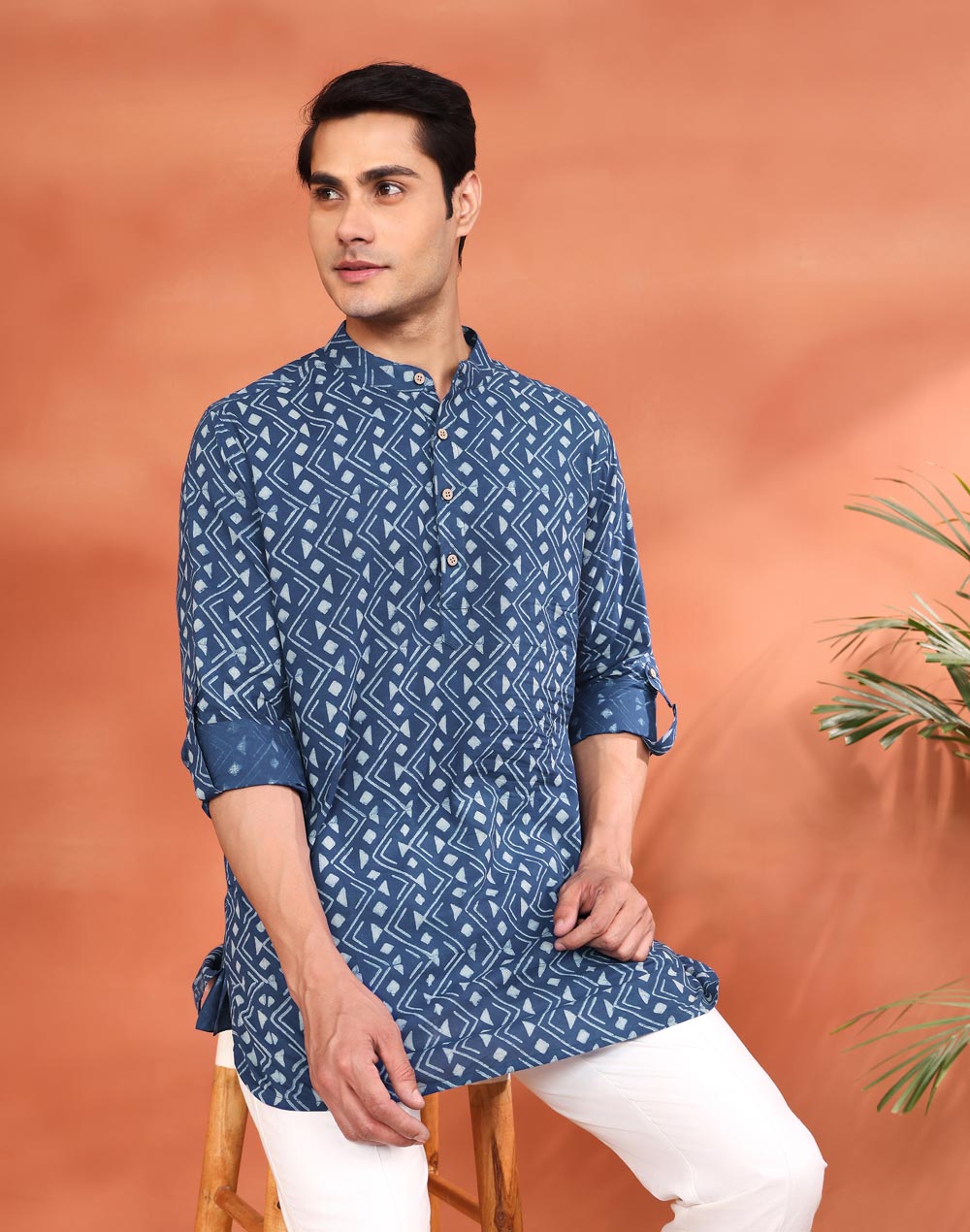 Indigo Cotton Dabu Printed Slim Fit Short Kurta