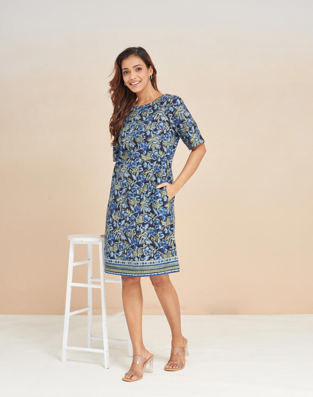Green Cotton Hand Block Printed Short Dress