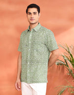Green Cotton Hand Block Printed Bush Shirt