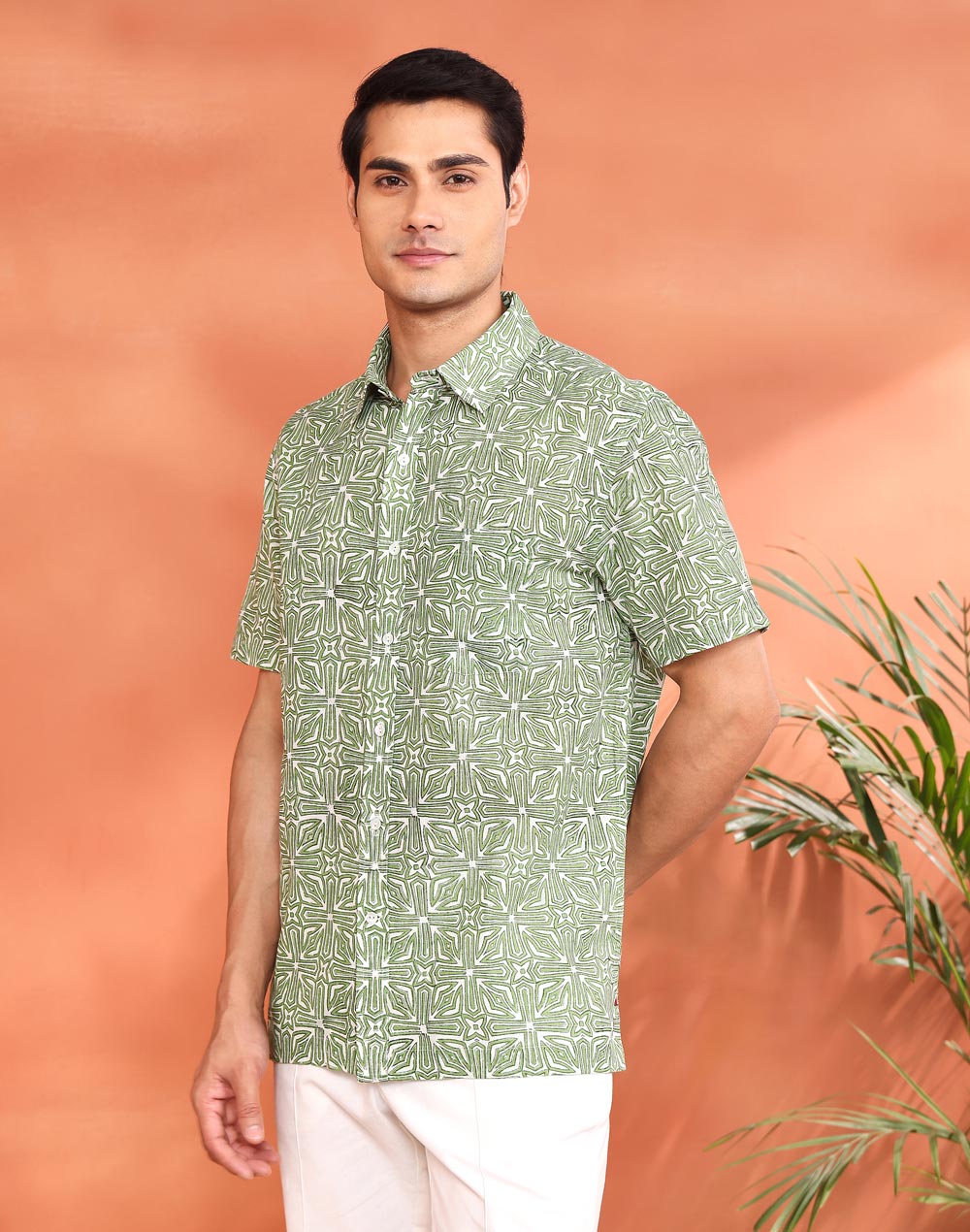 Green Cotton Hand Block Printed Bush Shirt