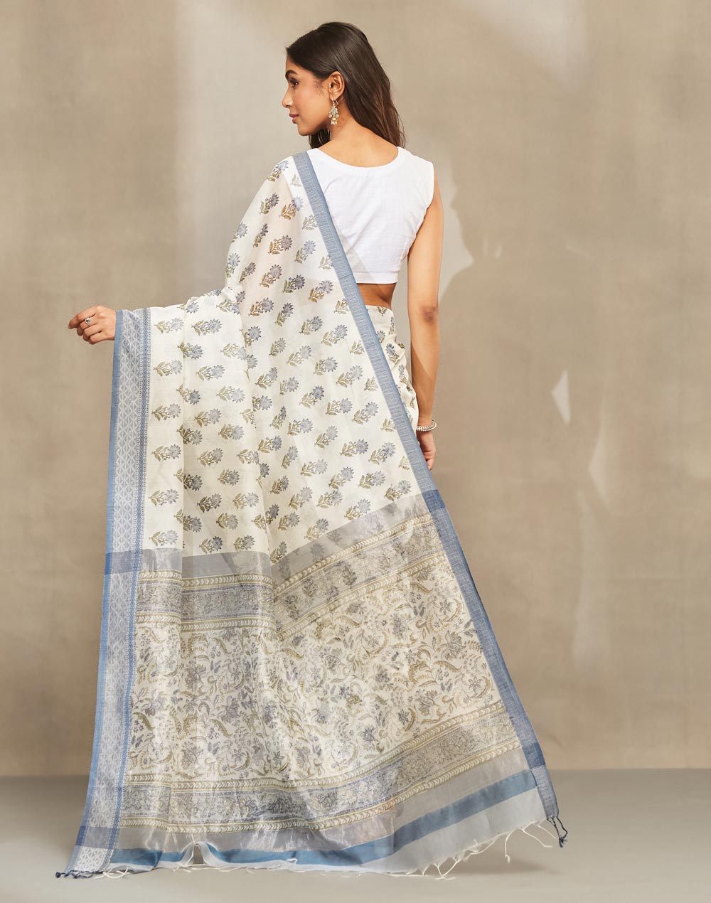 Blue Cotton Silk Blend Hand Block Print Sari