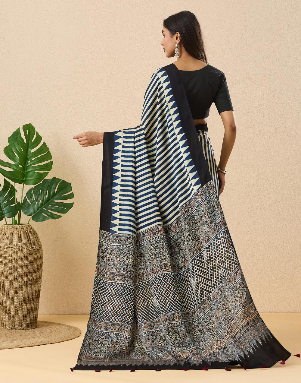 Indigo Viscose Blend Ajrakh Printed Sari