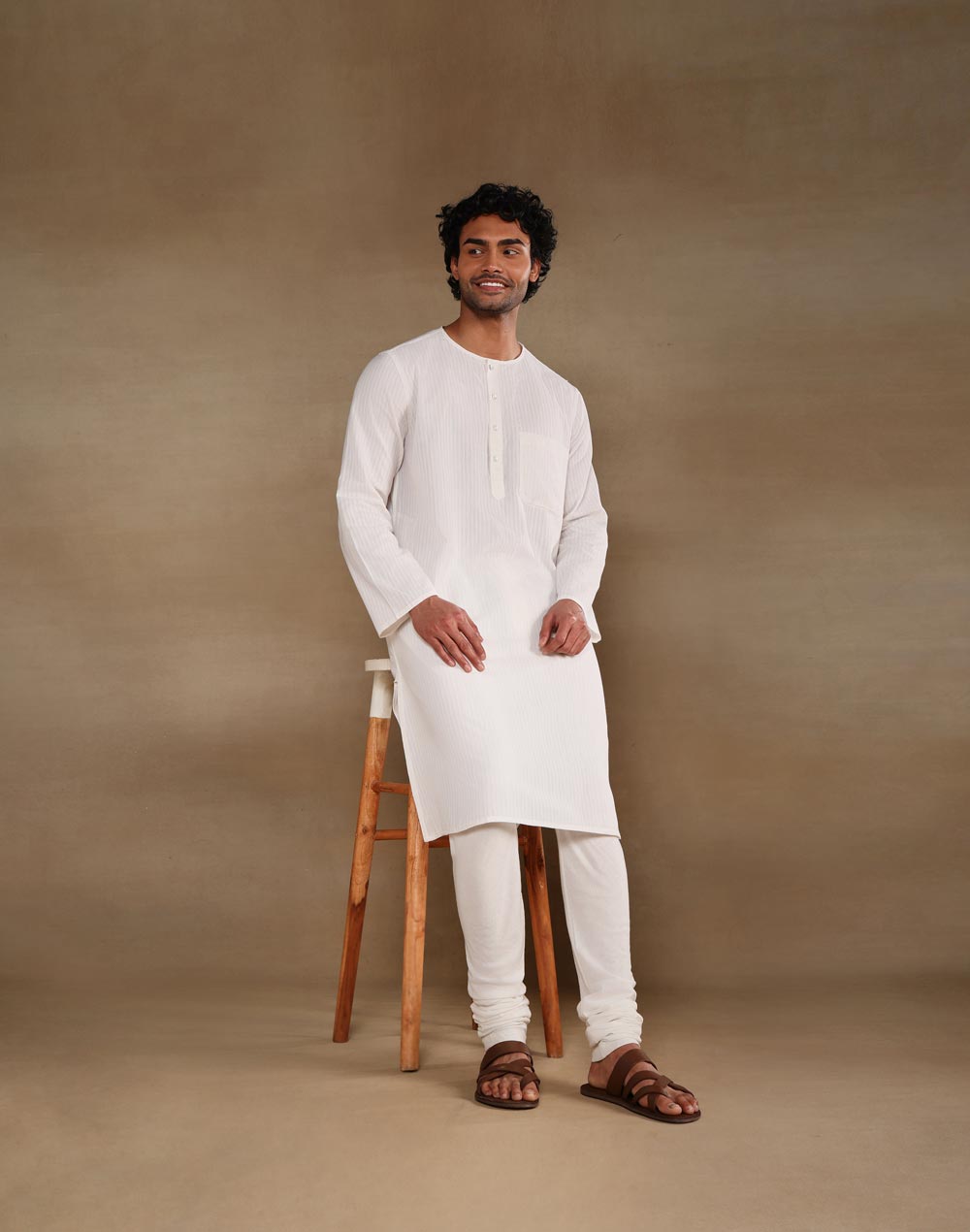 Offwhite Cotton Stripe Long Kurta