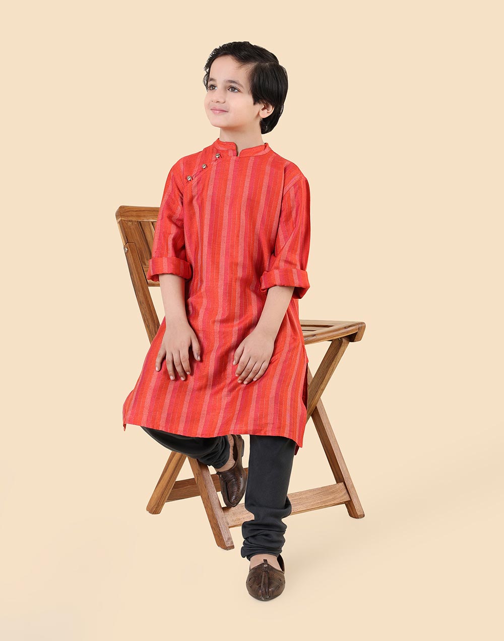 Red Viscose Blend Stripe Long Kurta