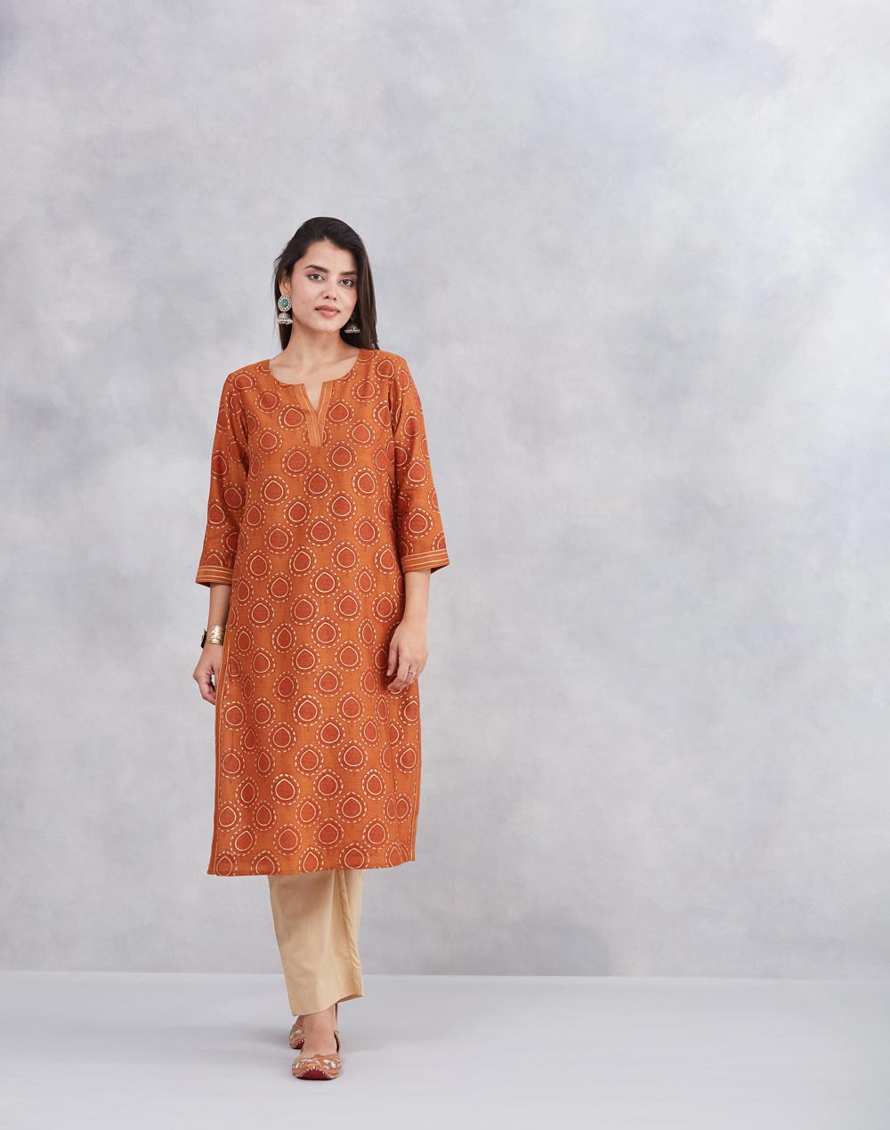 Orange Cotton Silk Hand Block Printed Long Kurta