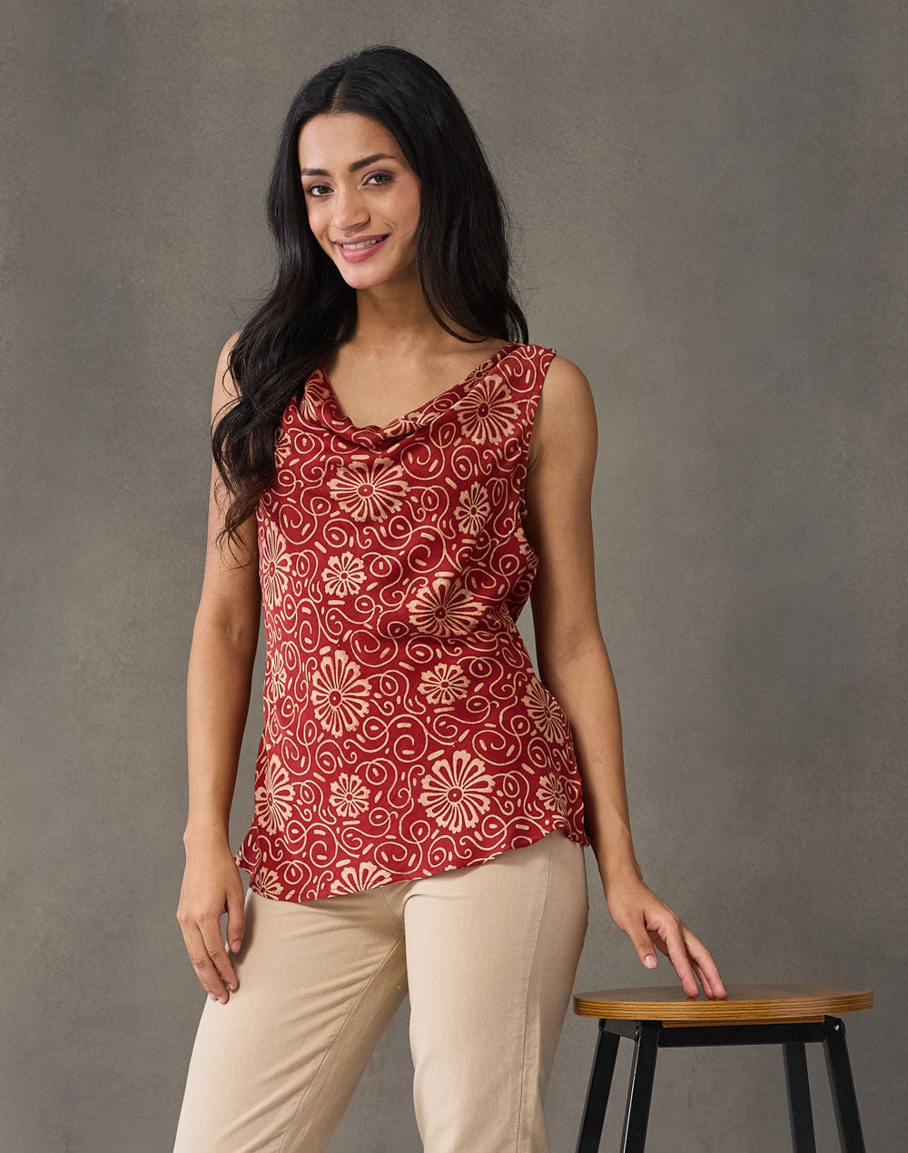 Red Rayon Blend Ajrakh Printed Top