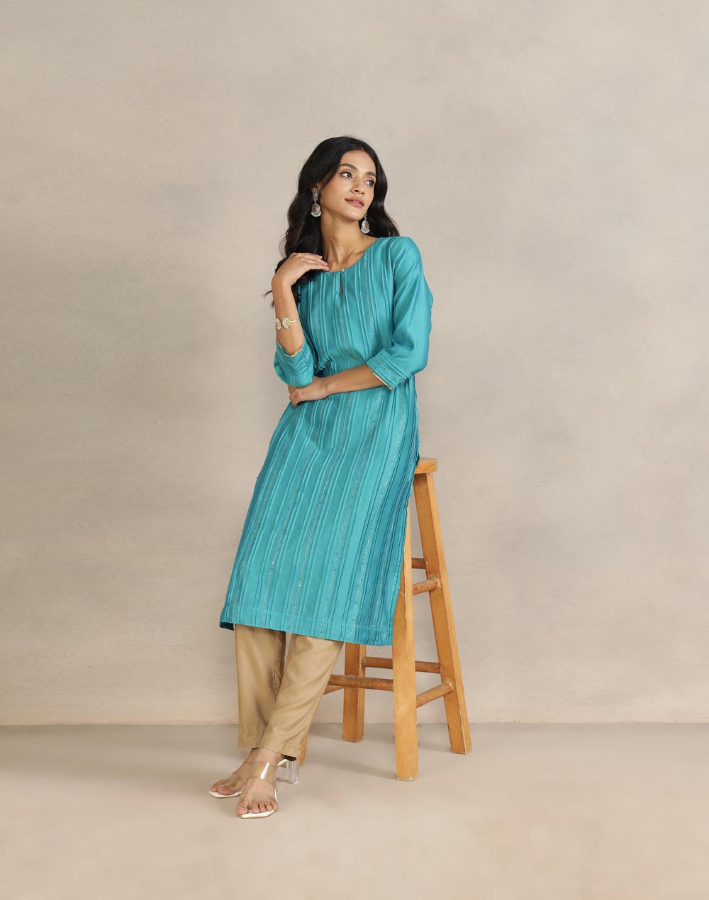 Turquoise Cotton Silk Pintucks Long Kurta