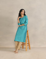 Turquoise Cotton Silk Pintucks Long Kurta