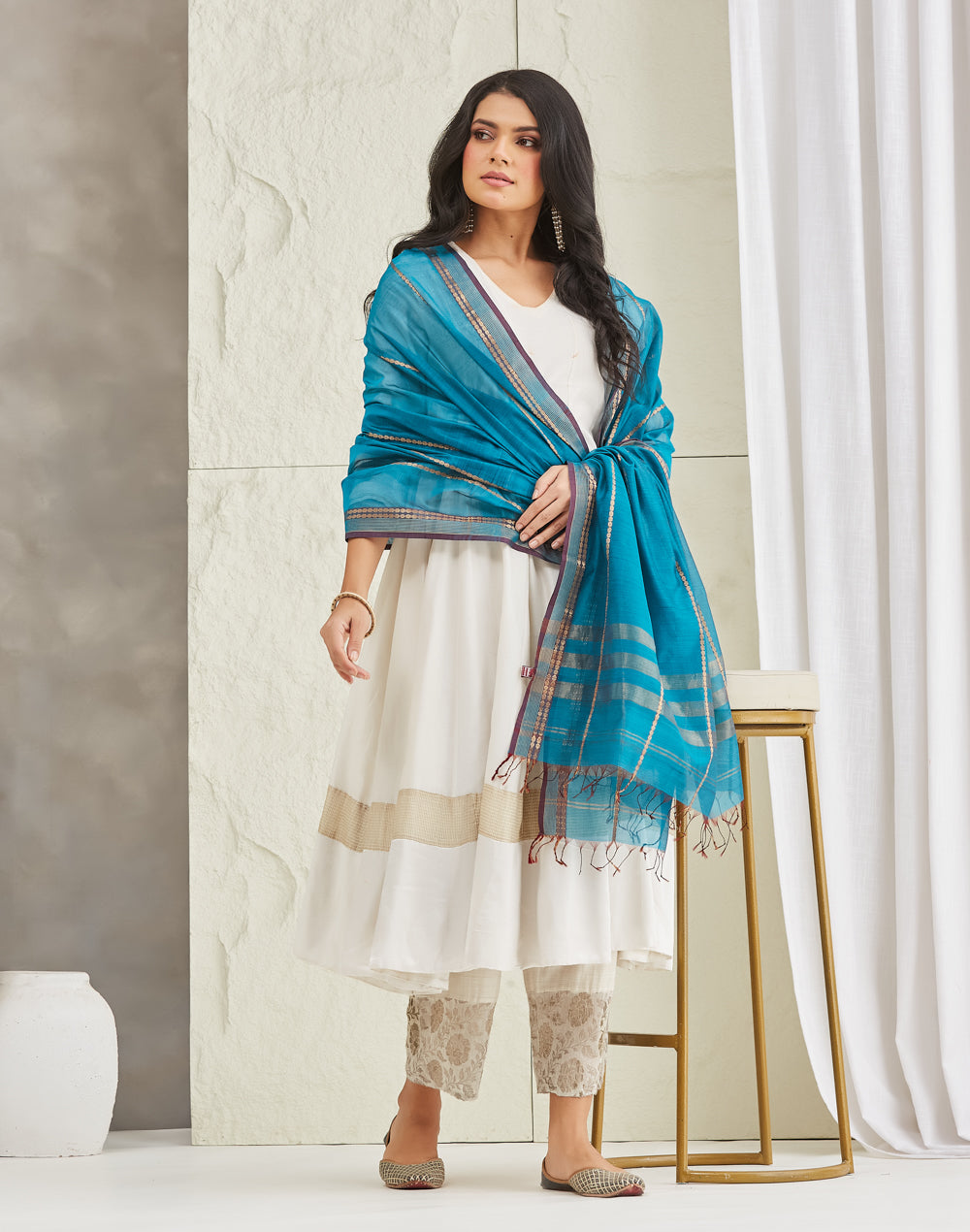 Turquoise Cotton Silk Blend Maheshwari Dupatta