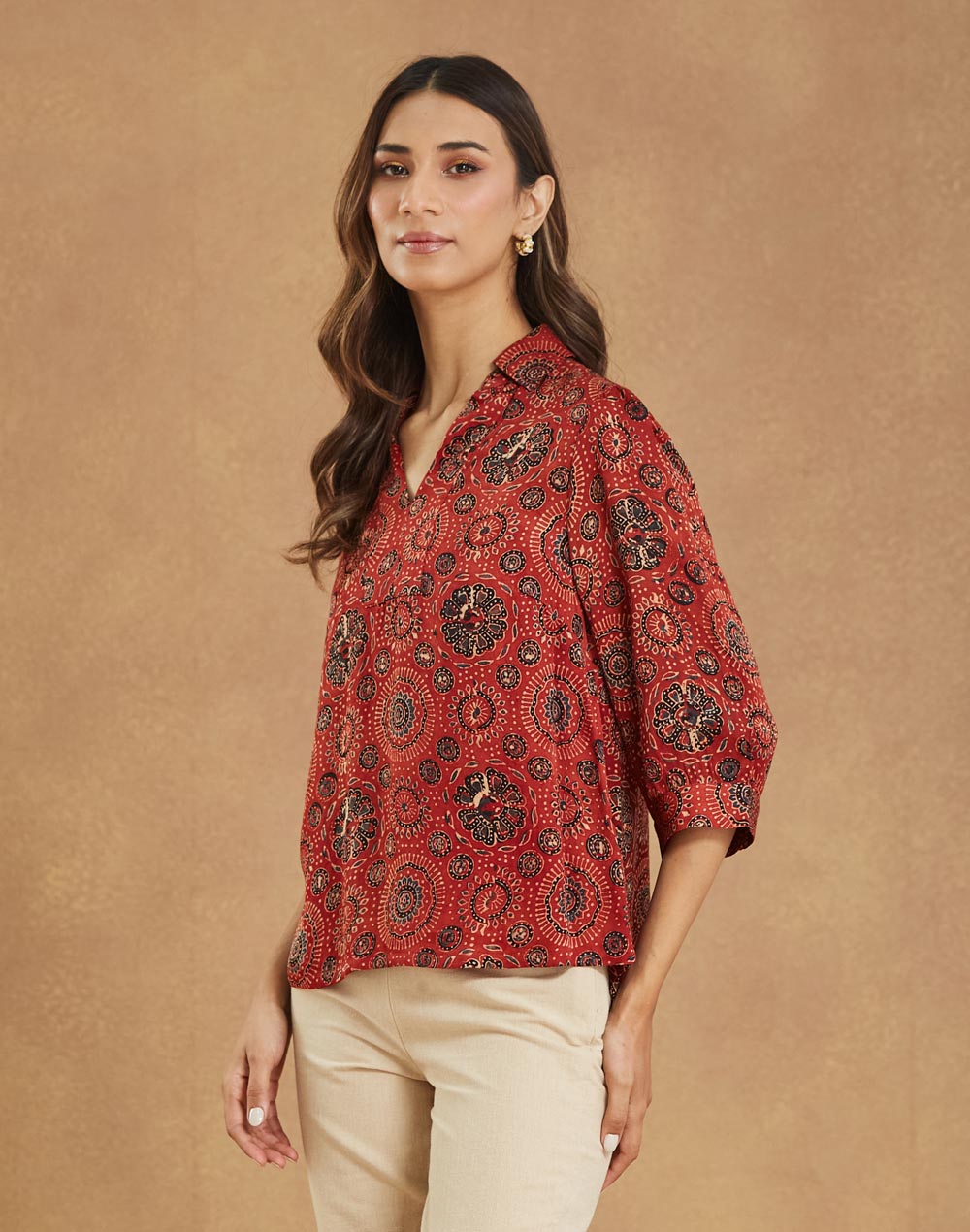 Red Rayon Blend Ajrakh Printed Helen Top