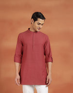 Red Cotton Check Slim Fit Short Kurta