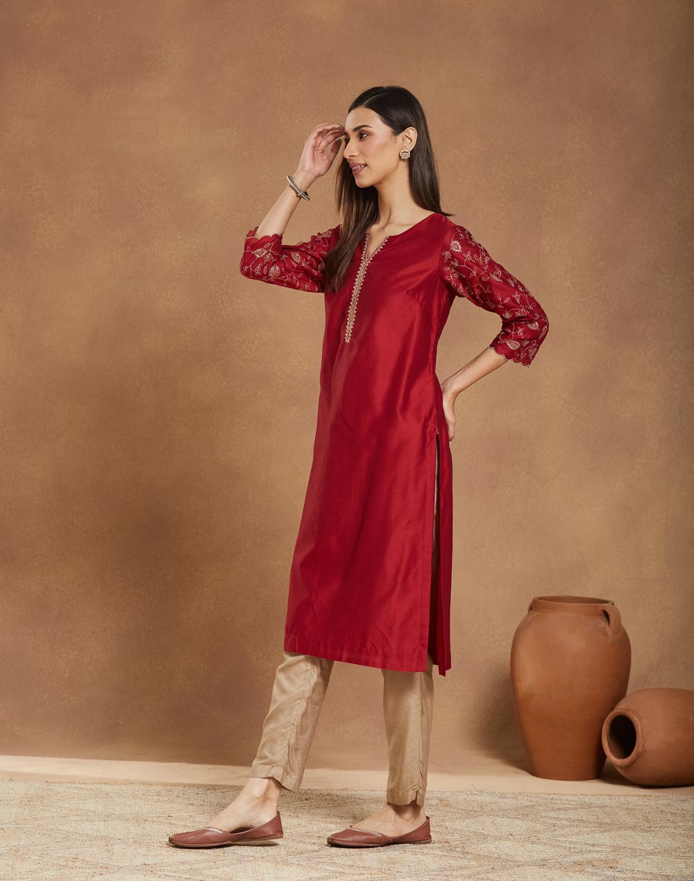 Maroon Cotton Silk Embroidered Long Kurta