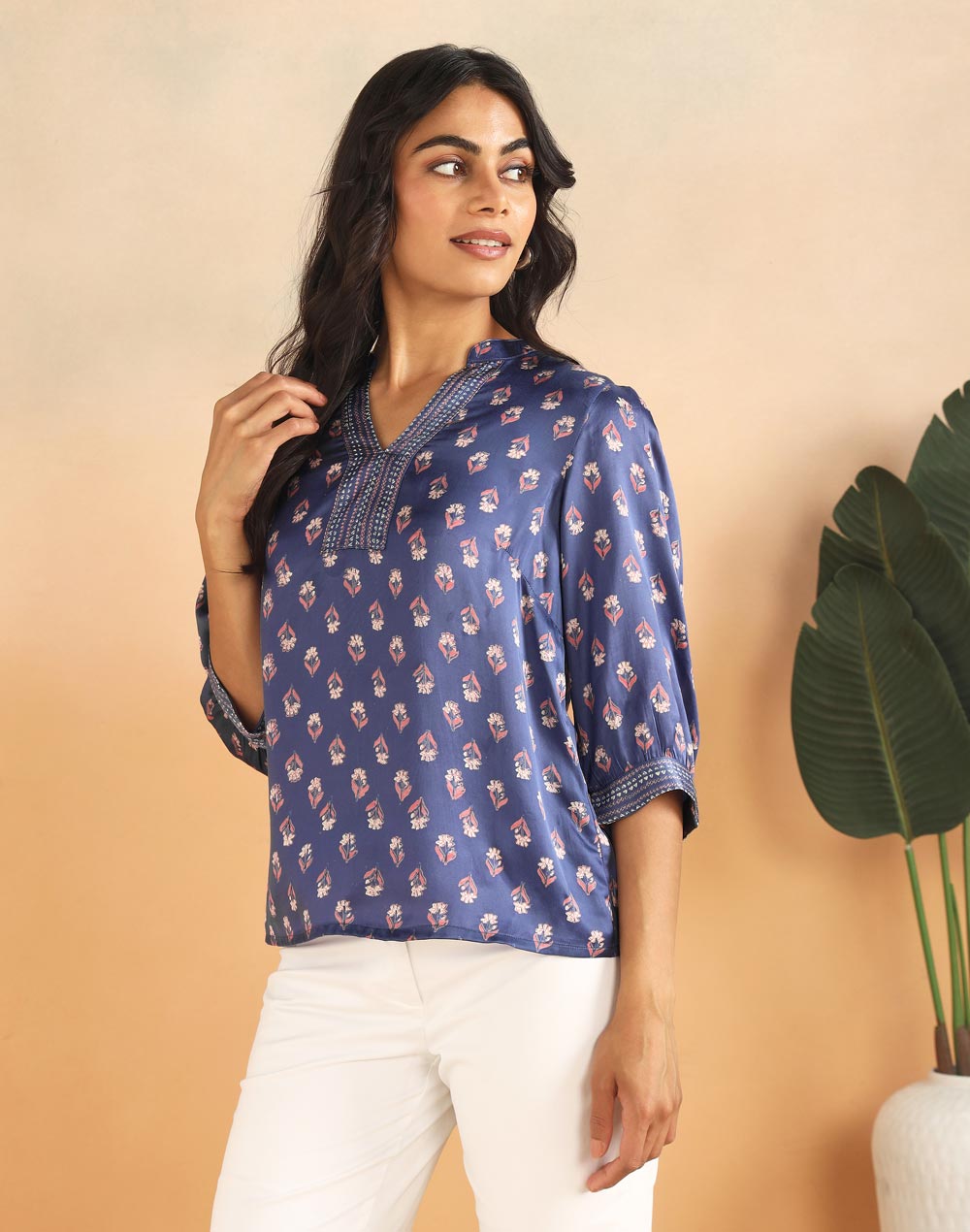 Blue Rayon Blend Hand Block Printed Helen Top