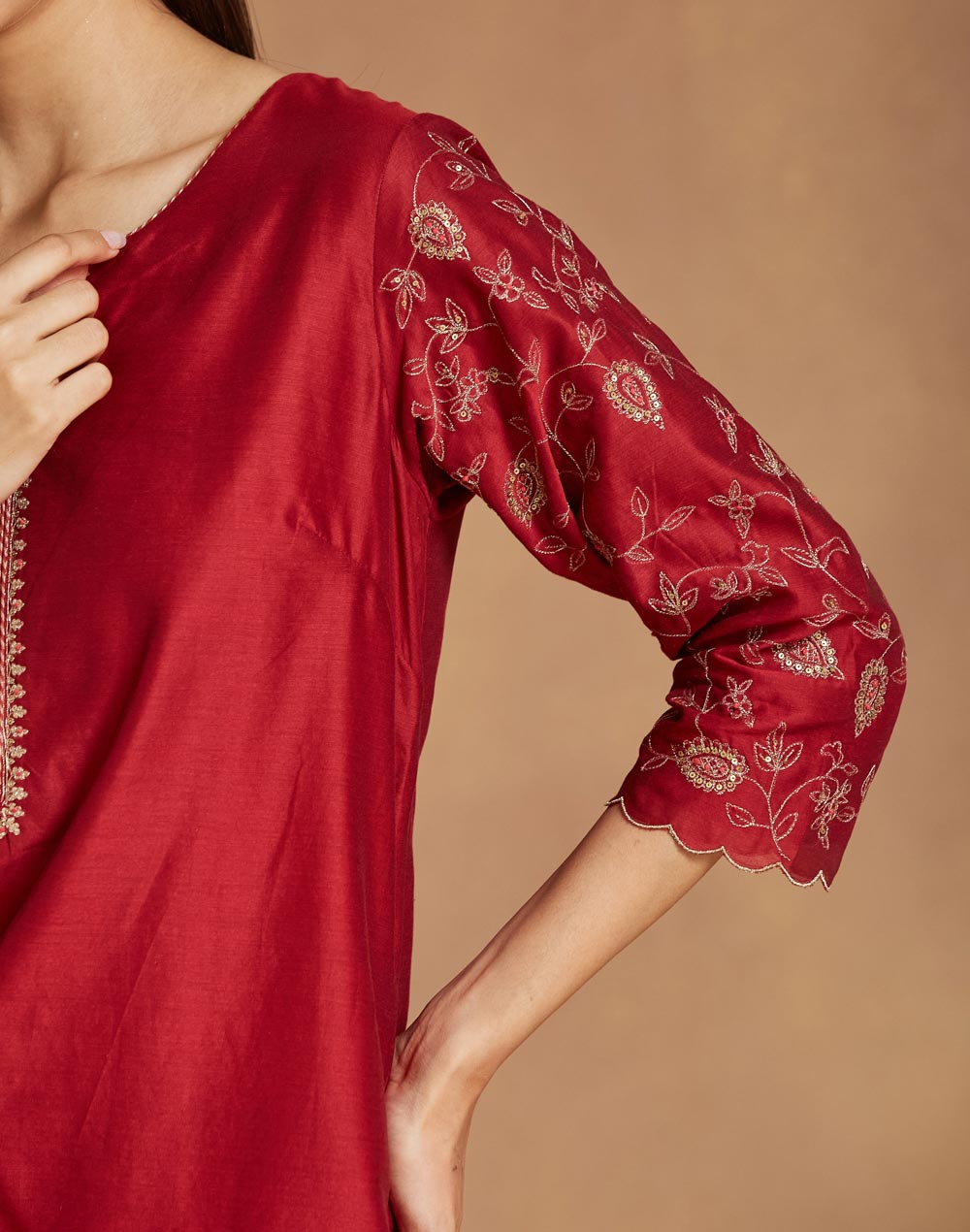 Maroon Cotton Silk Embroidered Long Kurta