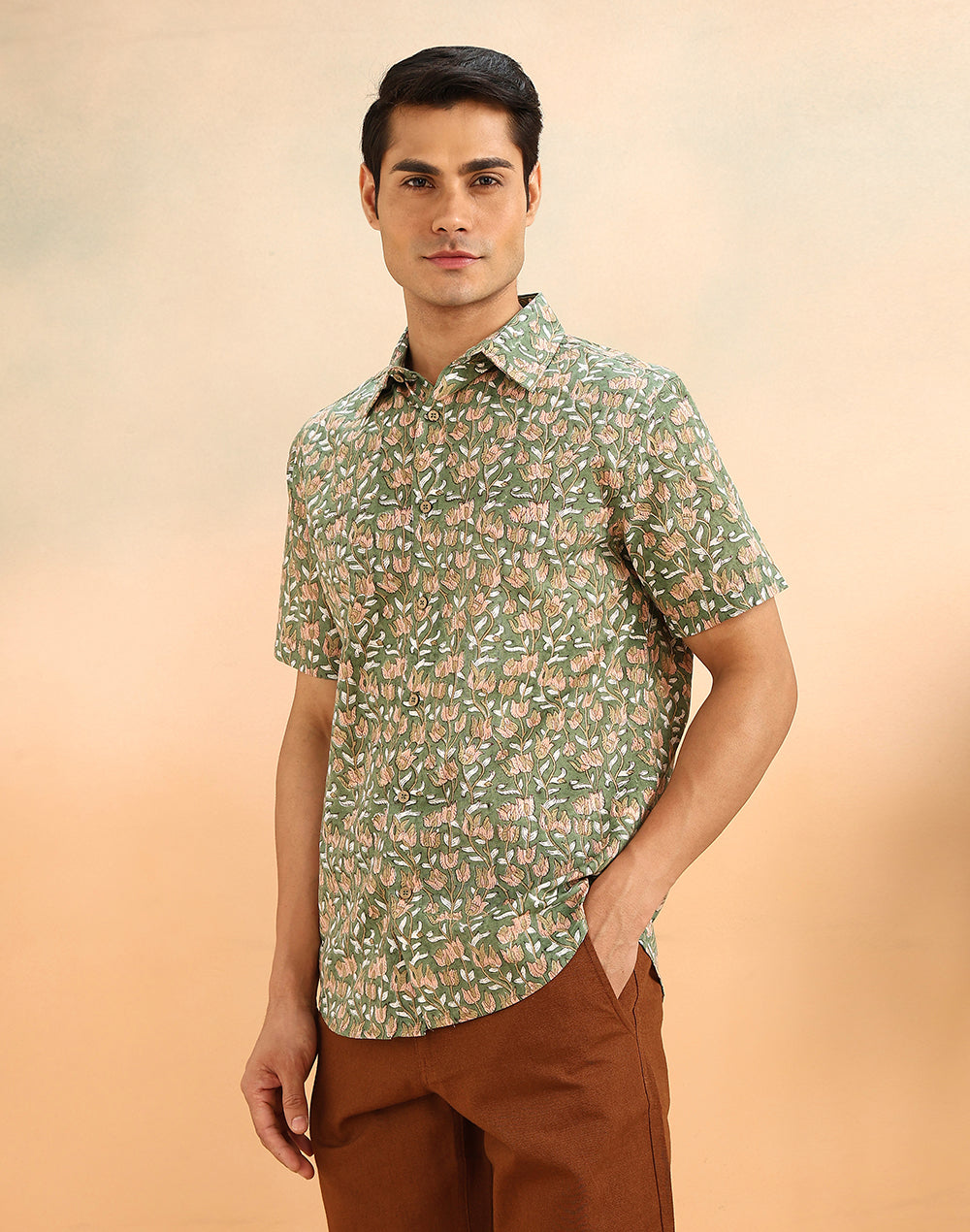 Green Cotton Hand Block Printed Slim Fit Shirt