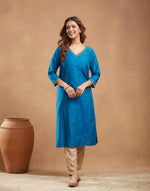 Blue Cotton Silk Hand Embroidered Long Kurta