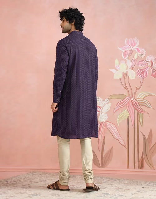 Texture and finish of the Purple Dobby Pathani Kurta by Fabindia UK