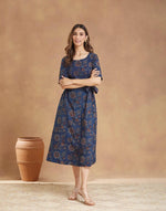 Blue Cotton Bagru Printed Midi Dress