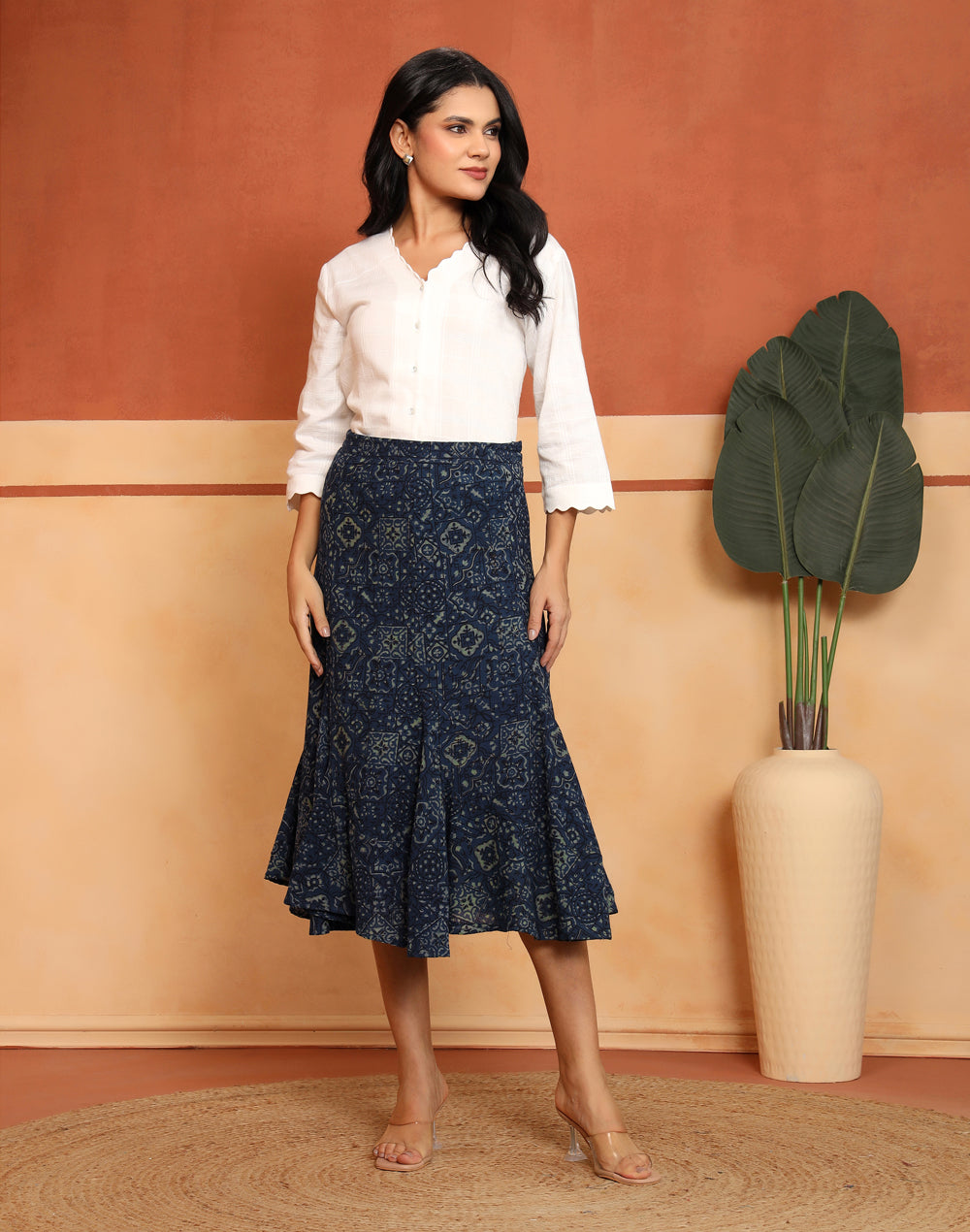 Indigo Cotton Geometric Skirt Midi