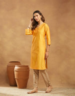 Yellow Cotton Silk Knee Length Kurta