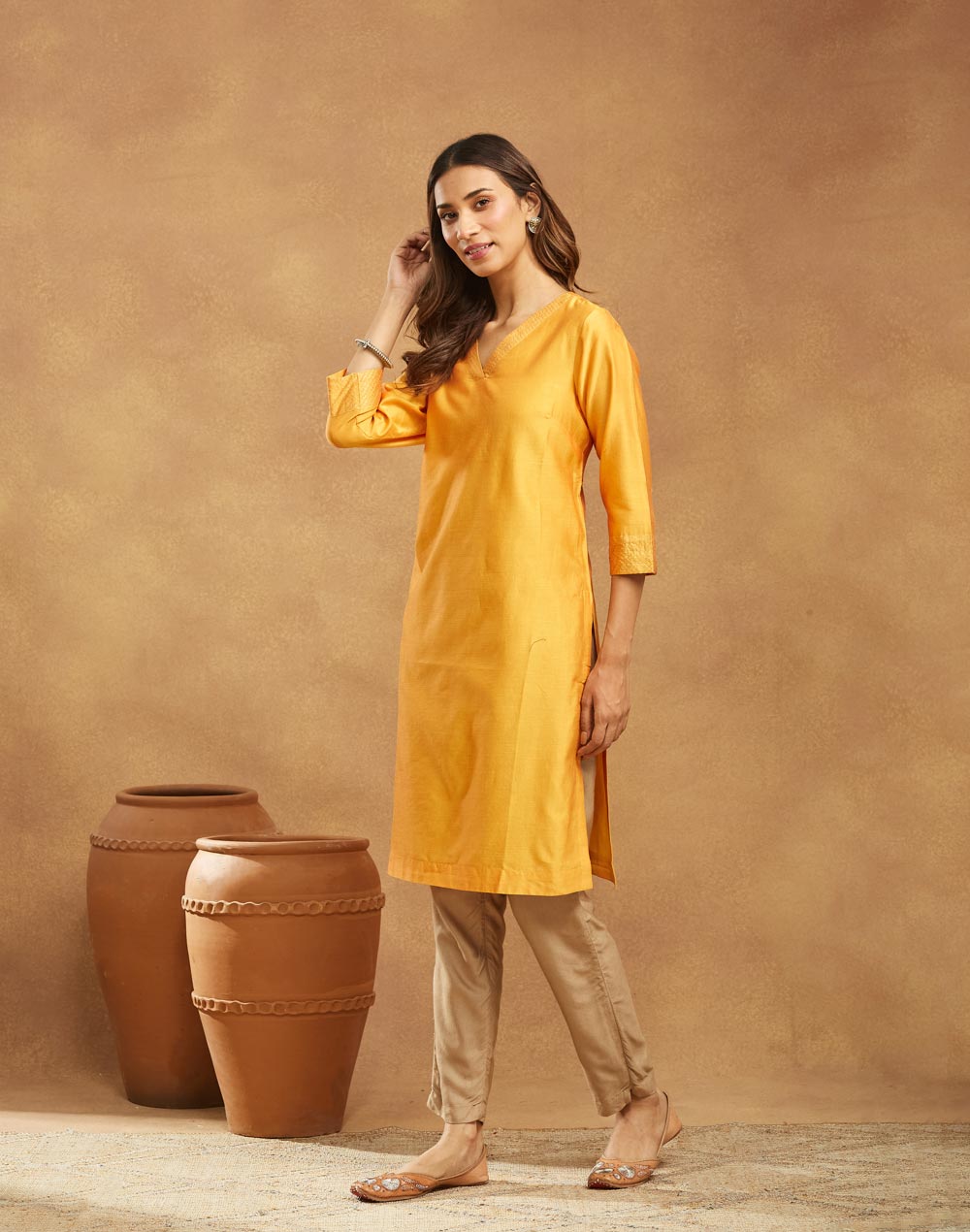 Yellow Cotton Silk Knee Length Kurta