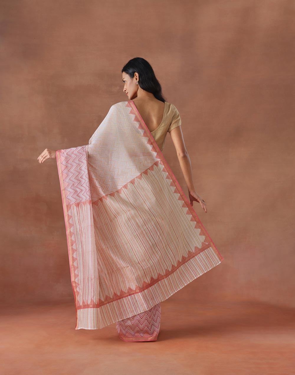 Pink Cotton Silk Hand Block Printed Sari