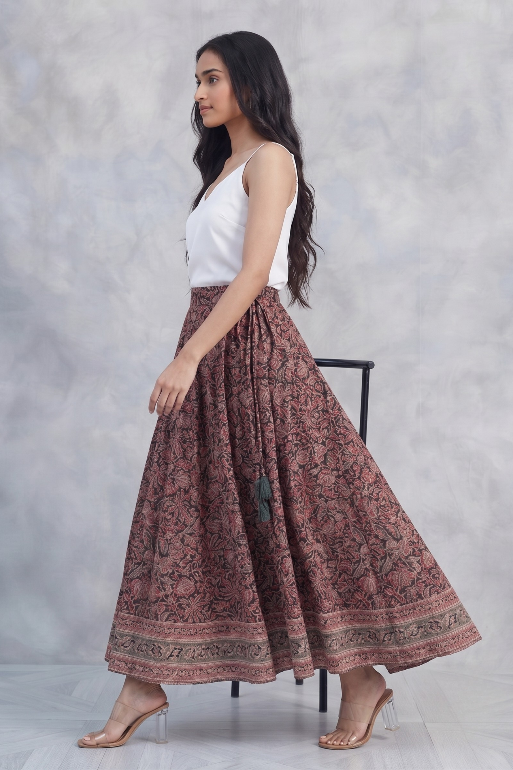 Maroon Cotton Printed Kalamkari Skirt Ghera