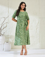 Green Cotton Silk Hand Block Printed Midi Dress