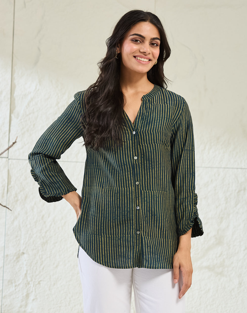 Green Rayon Blend Dabu Striped Shirt