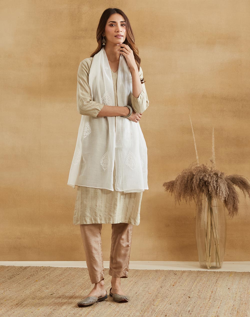 Natural Cotton Silk Chikankari Stole