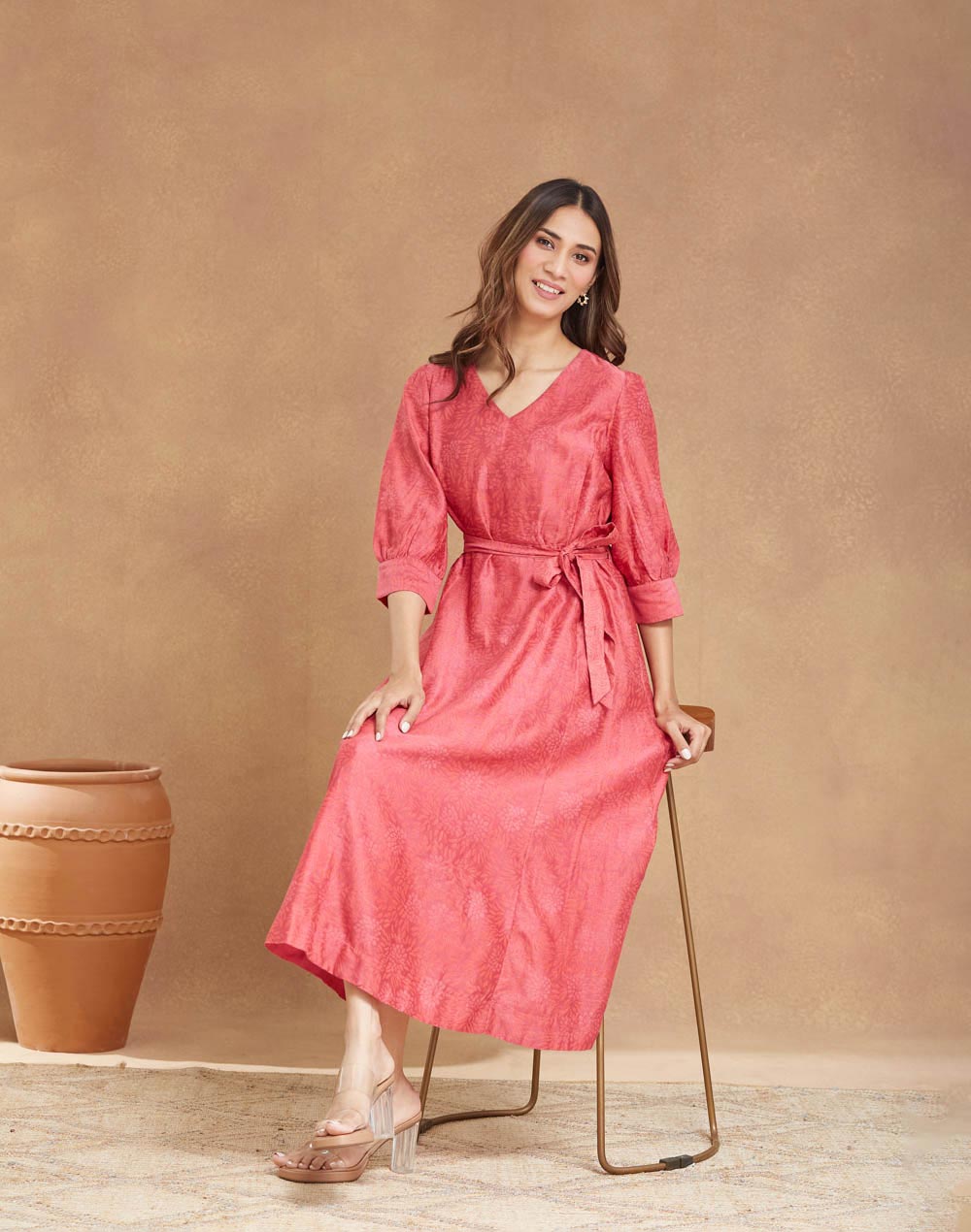 Pink Cotton Silk Hand Block Printed Midi Dress