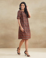 Red Cotton Linen Ajrakh Printed Short Dress