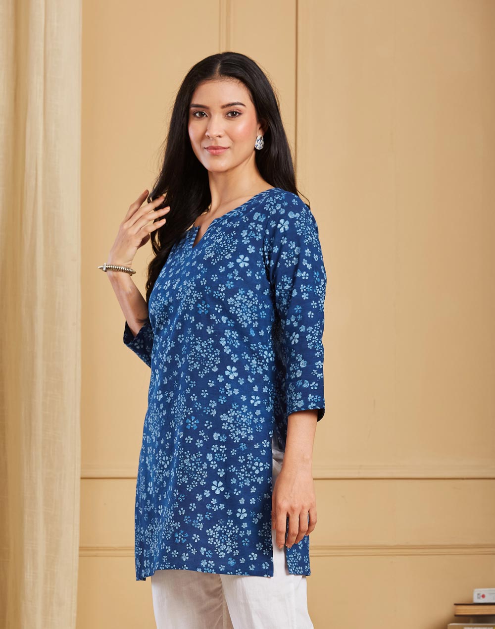 Indigo Cotton Bagru Printed Short Kurta