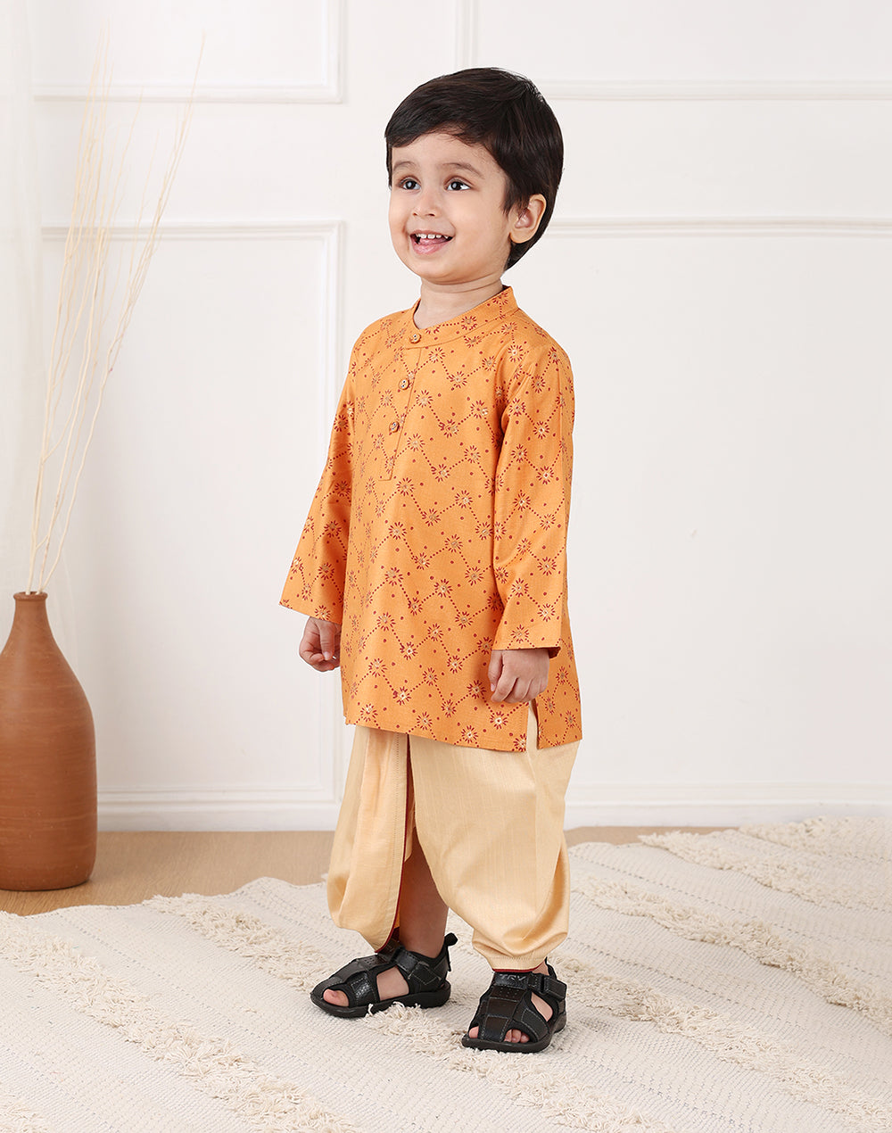 Yellow Viscose Blend Hand Block Printed 2pc Dhoti Set
