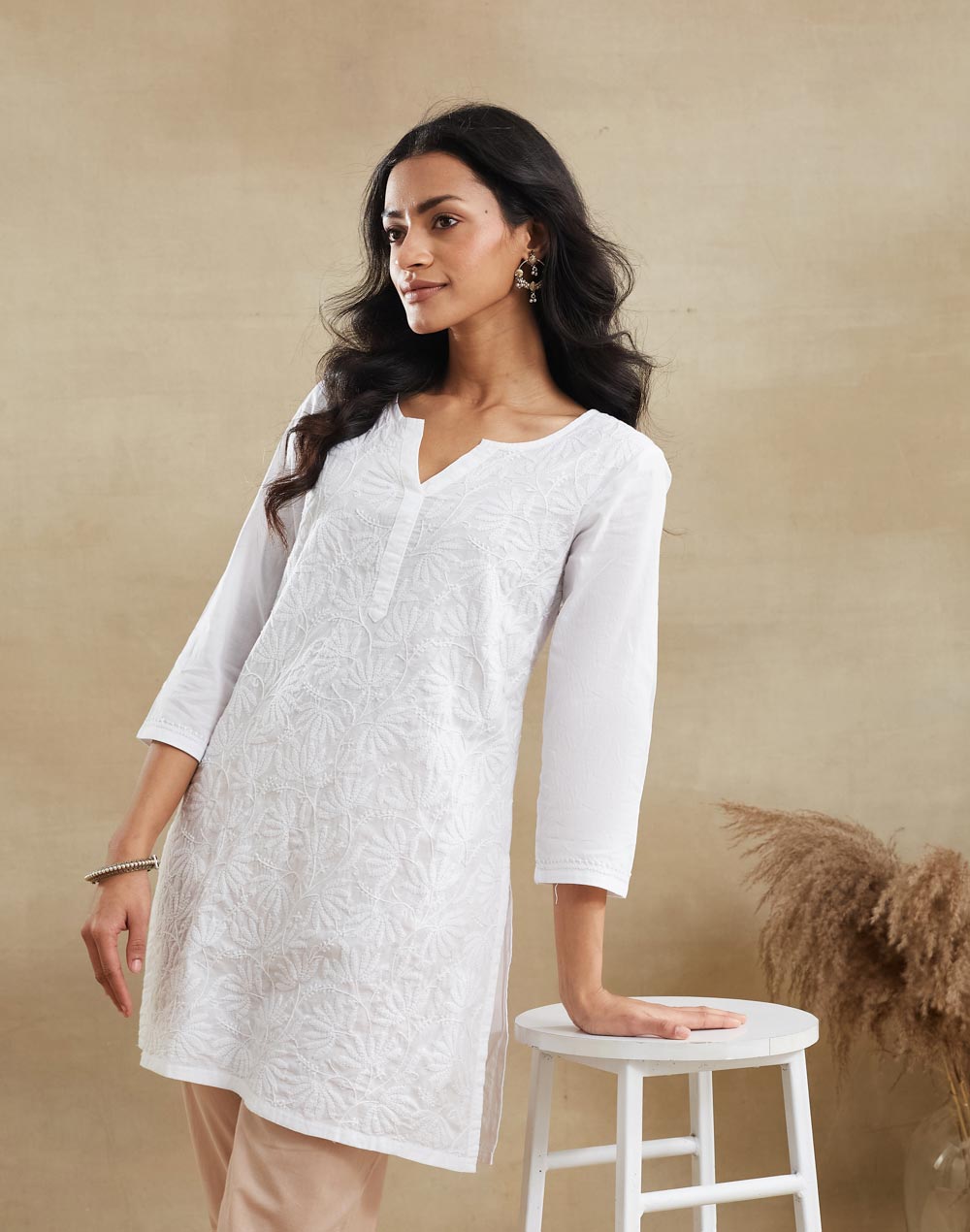 White Cotton Chikankari Short Kurta