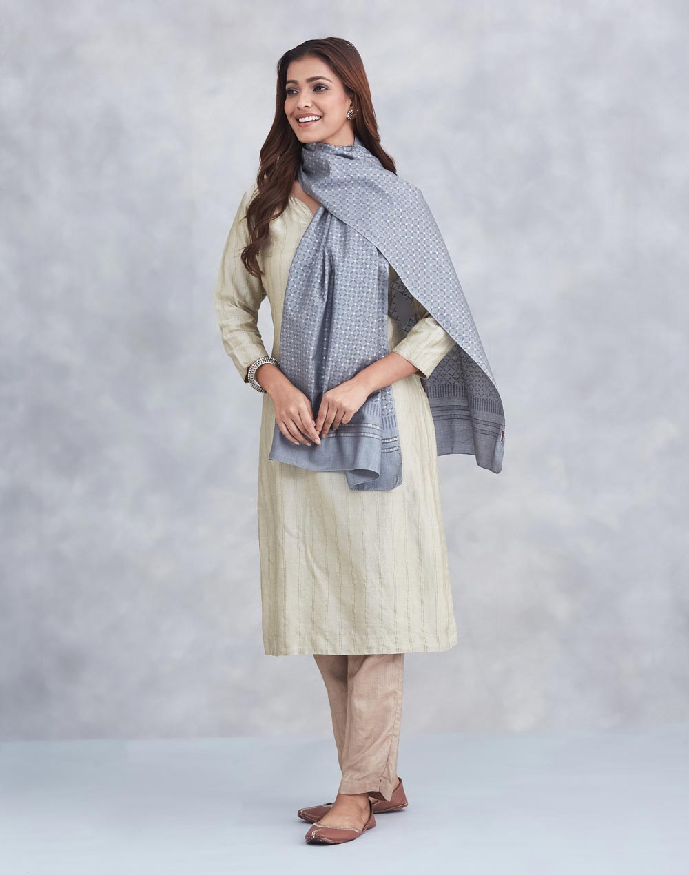 Grey Silk Hand Block Printed Stole