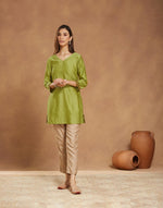 Green Cotton Silk Hand Block Printed Slim Fit Short Kurta