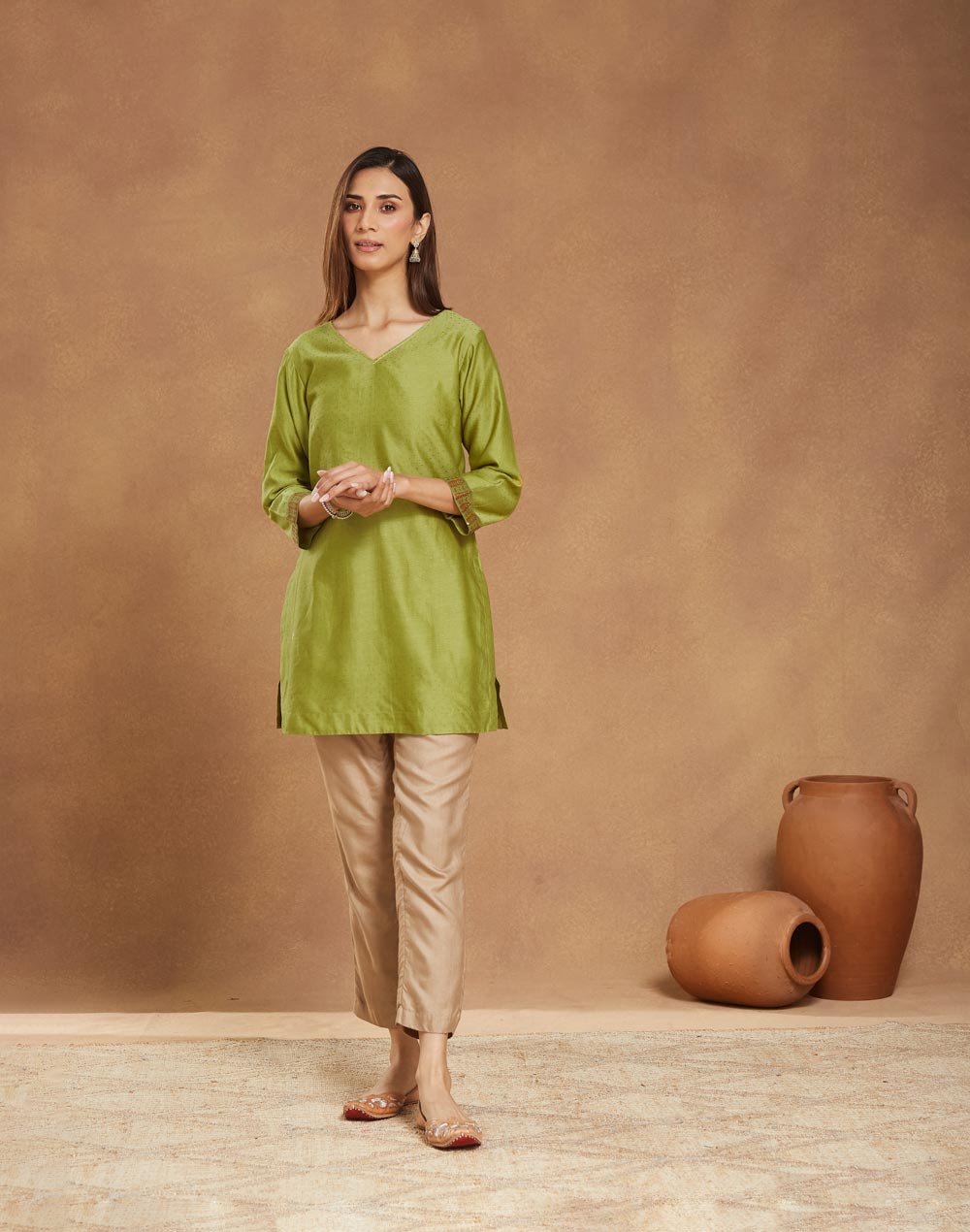 Green Cotton Silk Hand Block Printed Slim Fit Short Kurta