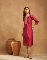 Wine Cotton Silk Embroidered Long Kurta