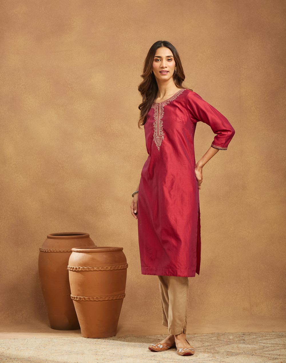 Wine Cotton Silk Embroidered Long Kurta