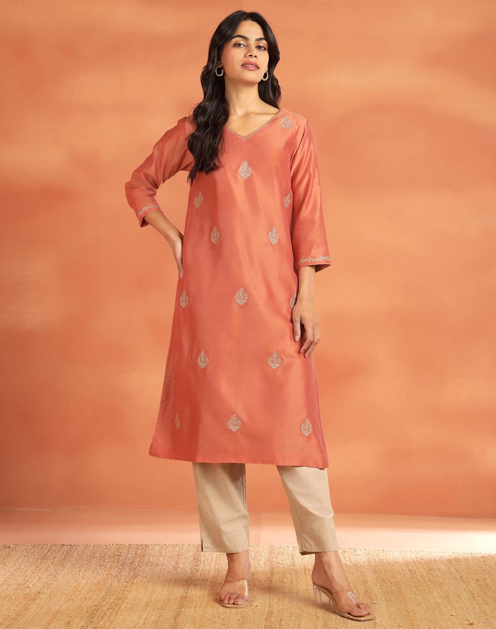 Pink Cotton Silk Embroidered Long Kurta