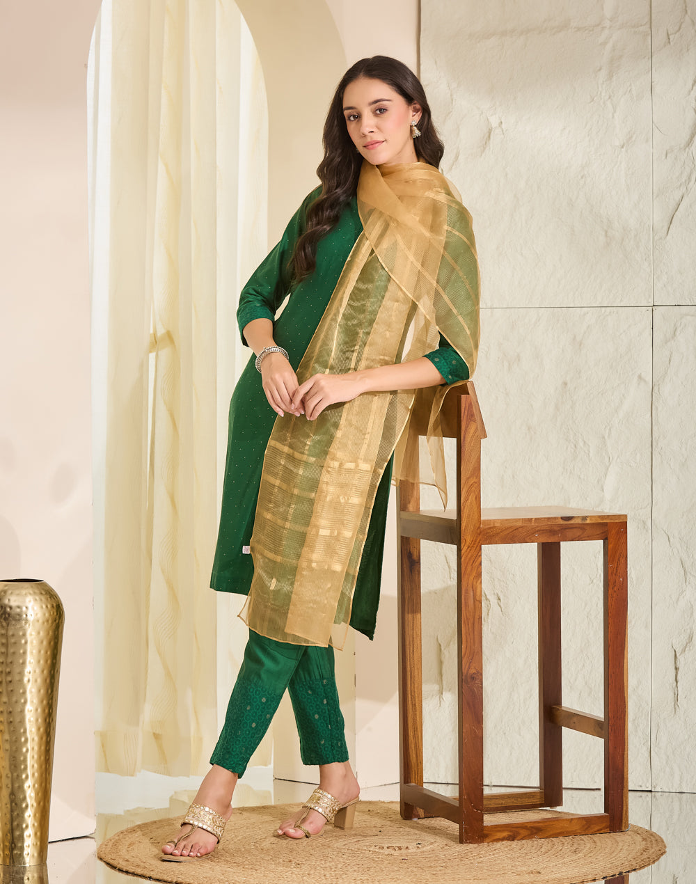 Beige Metallised Fiber & Silk Blend Stole