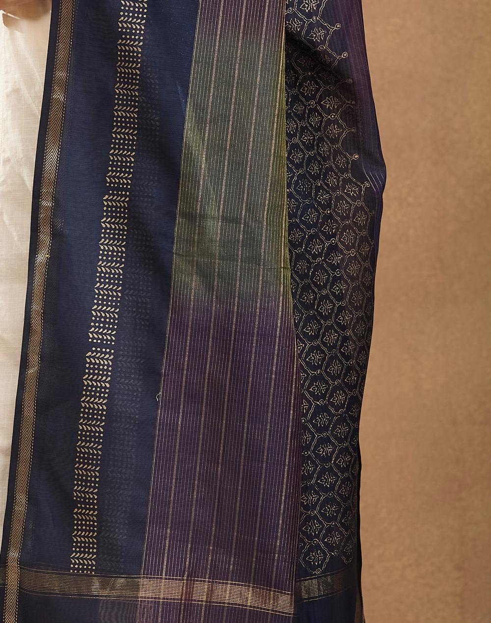 Navy Cotton Silk Blend Hand Block Printed Dupatta